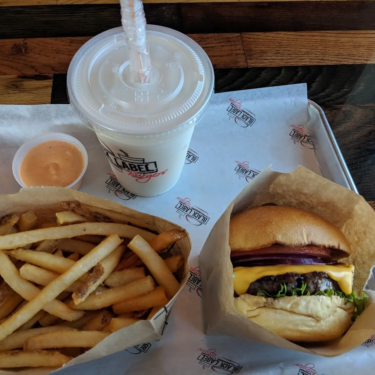 Black Label Burger with Fries and Root Beer Float