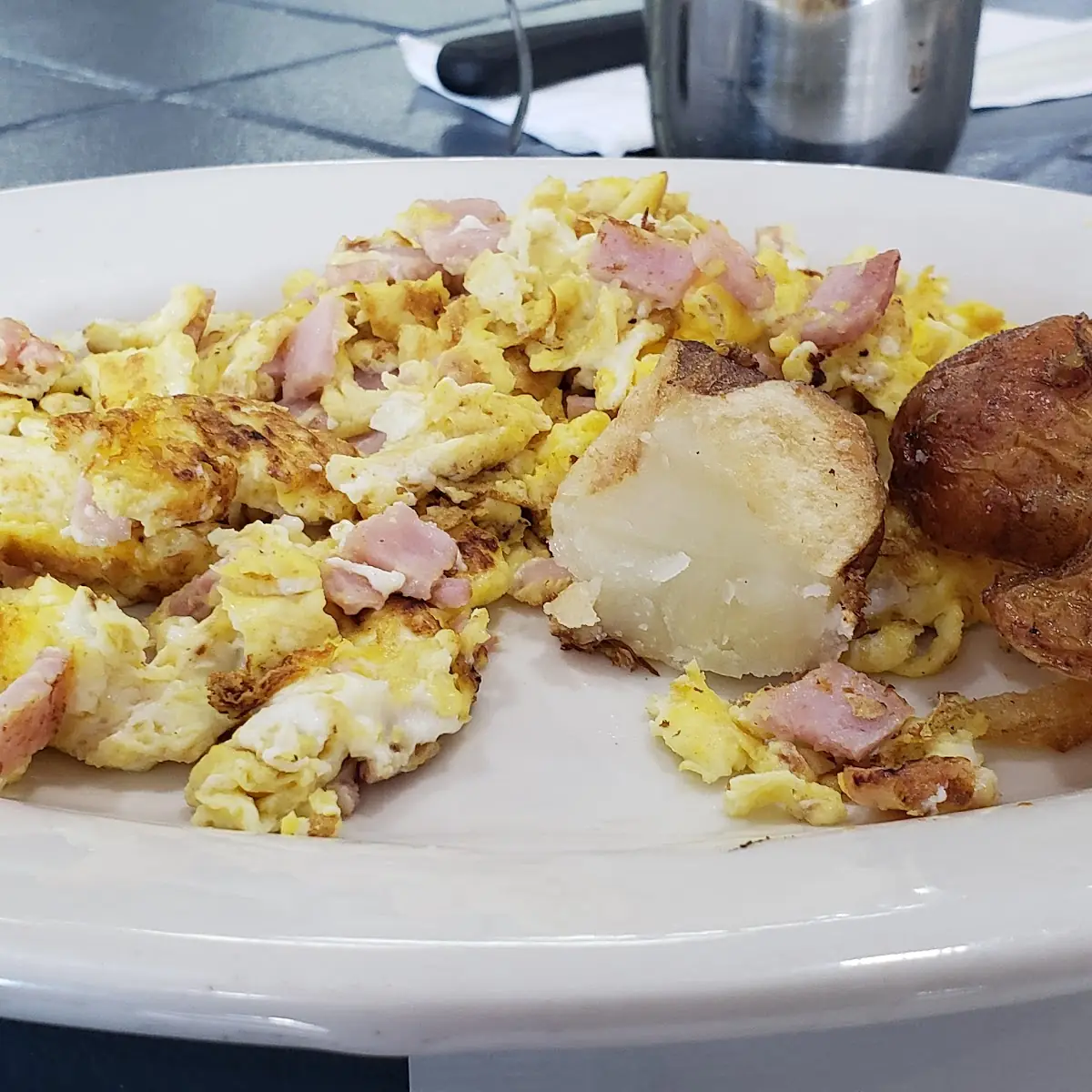 Scrambled Eggs with Ham and Home Breakfast Potatoes