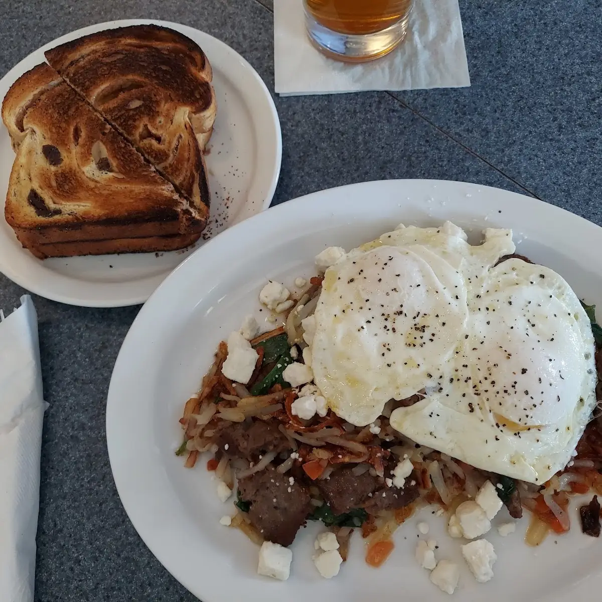 Greek Hash Add Two Eggs Raisin Toast