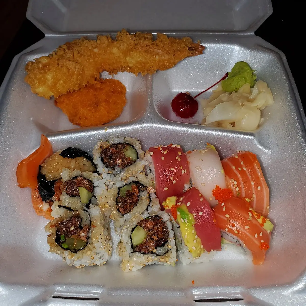 Shrimp Tempura Salmon Skin & Rainbow Roll