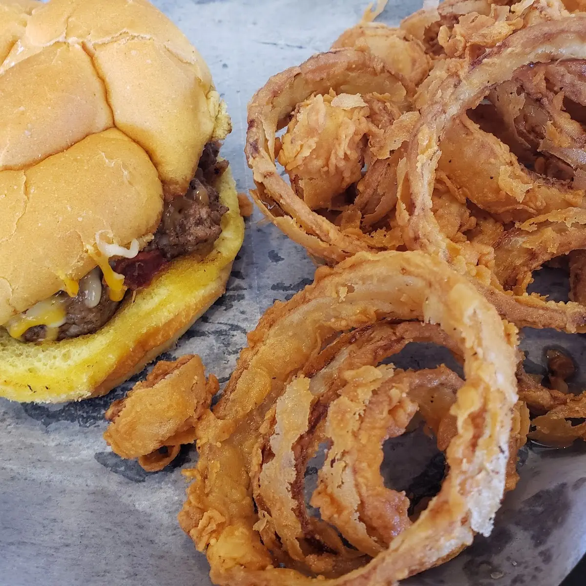 Honey BBQ Bacon Cheeseburger with Onion Rings