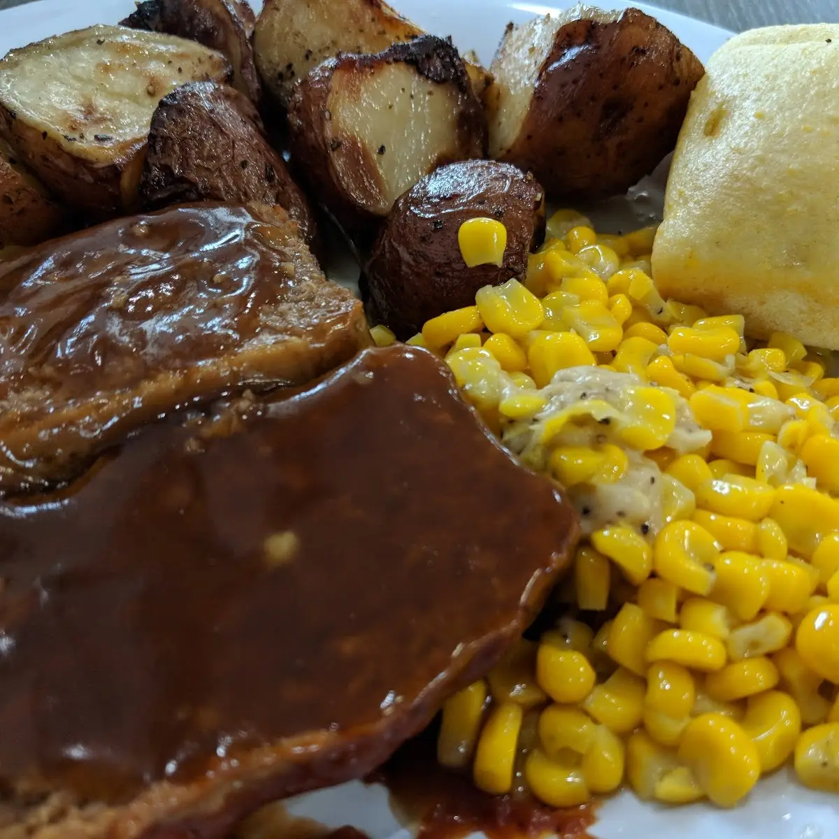 Meatloaf and Roasted Potatoes and Corn