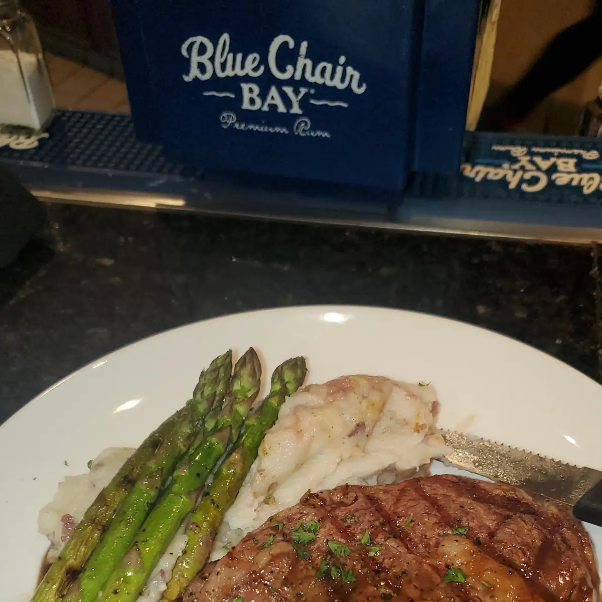 Cowboy 12oz Ribeye Steak Smashed Potatoes and Asparagus