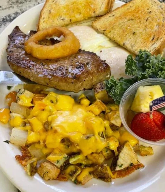 Steak Eggs Potatoes and Toast