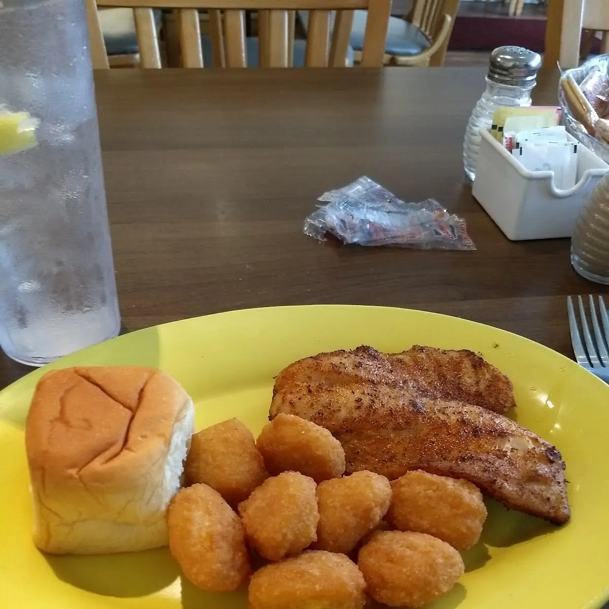 Blackened Red Snapper with Corn Nuggets and Dinner Roll