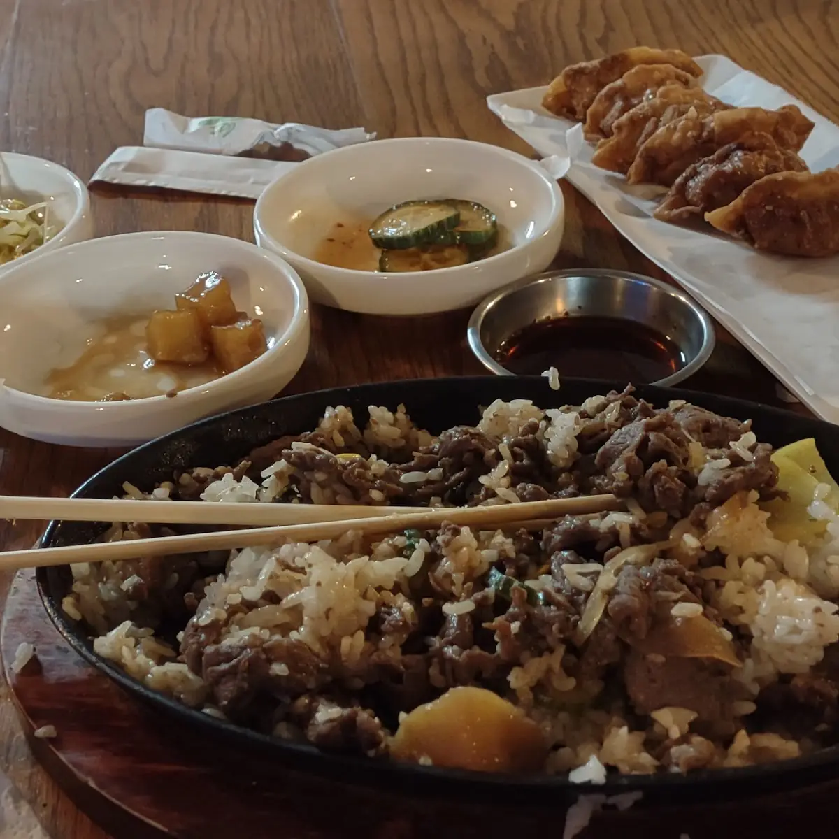 Beef Bulgogi with Fried Dumplings and Veggies