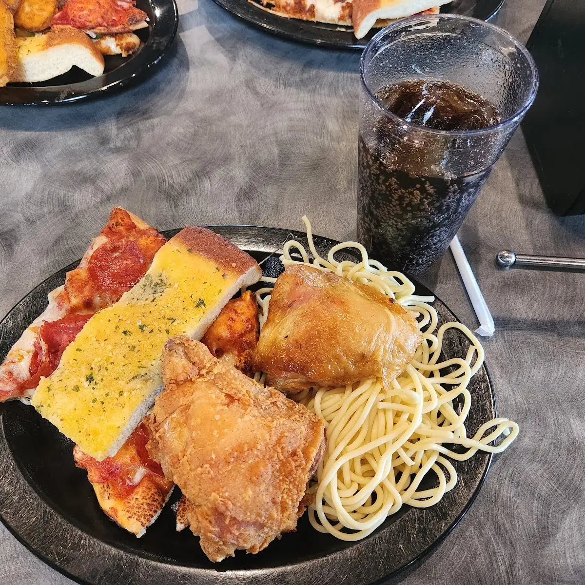 Buffet Fried Chicken Garlic Bread Pizza and Spaghetti Pasta