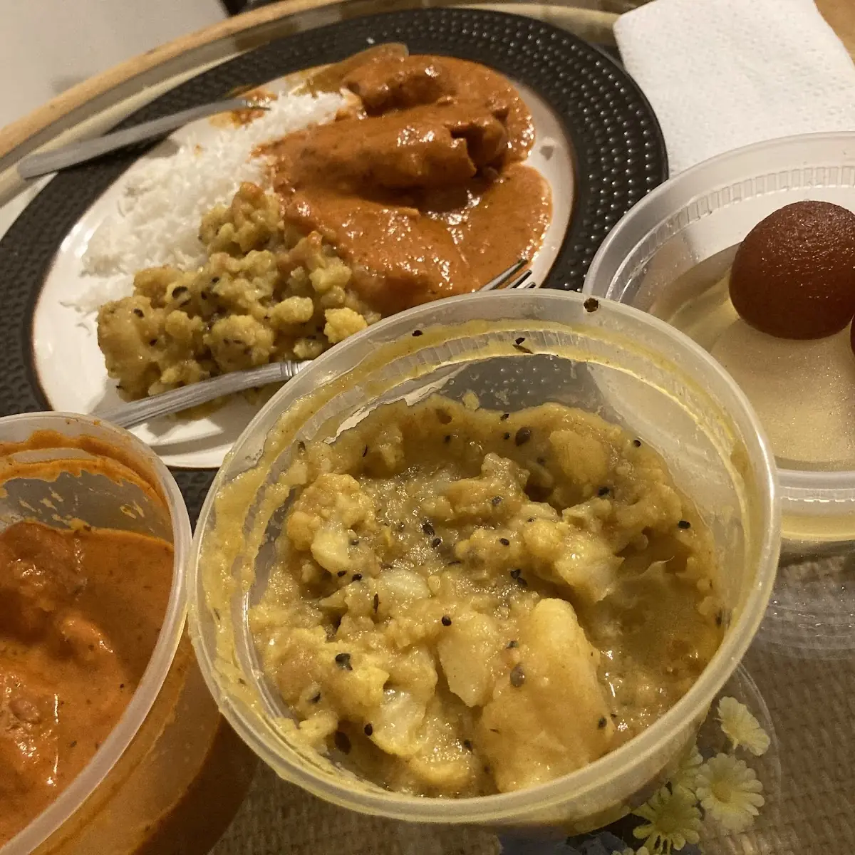 Aloo Gobi Butter Chicken Gulab Jamun with Basmati Rice
