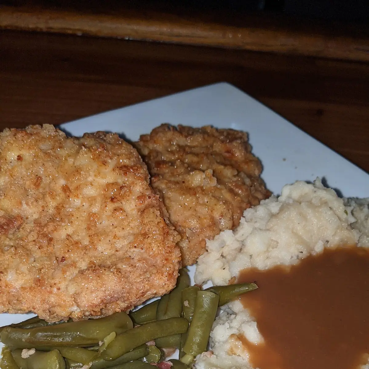 Fried Pork Chops Green Beans and Mashed Potatoes