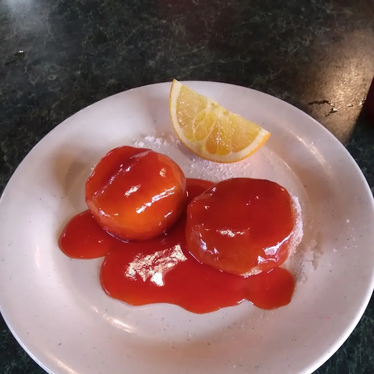 Sugar Donuts with Sweet & Sour Sauce