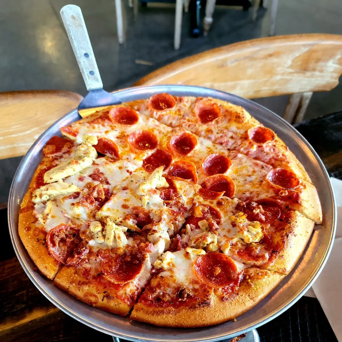 Large Pepperoni Pizza Half Chicken and Bacon