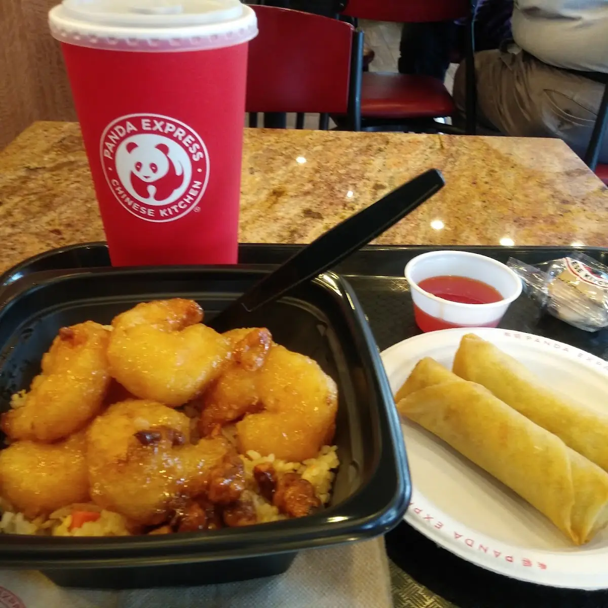Honey Walnut Shrimp Fried Rice Bowl with Spring Rolls