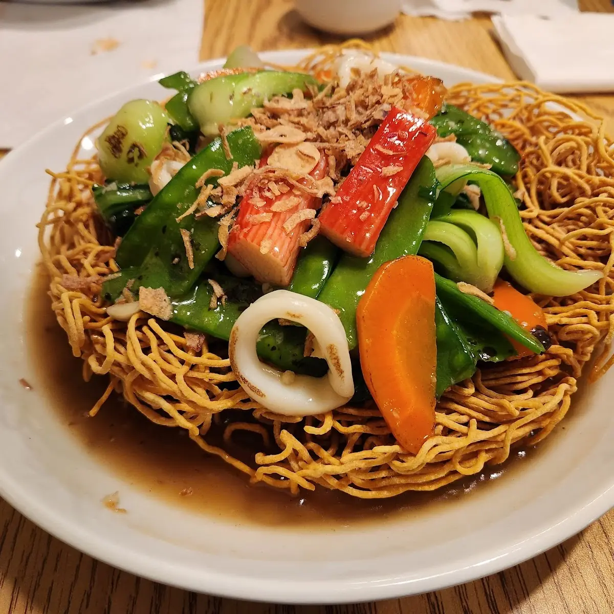 Stir Fried Seafood with Crispy Egg Noodles