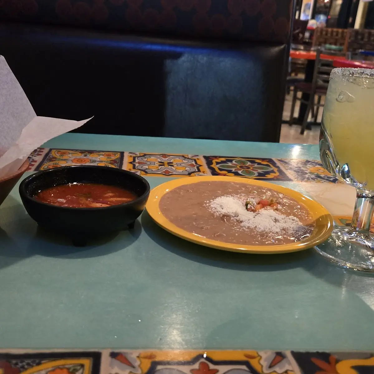 Chips Salsa and Bean Dip