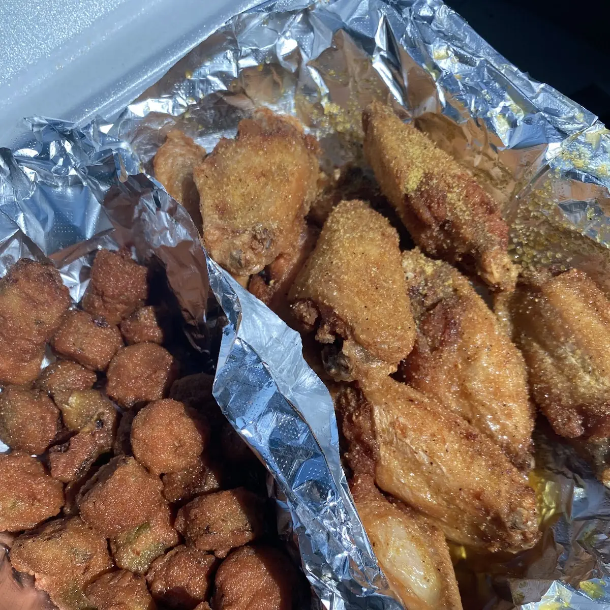 Lemon Pepper Wings with Fried Okra Fried Dark