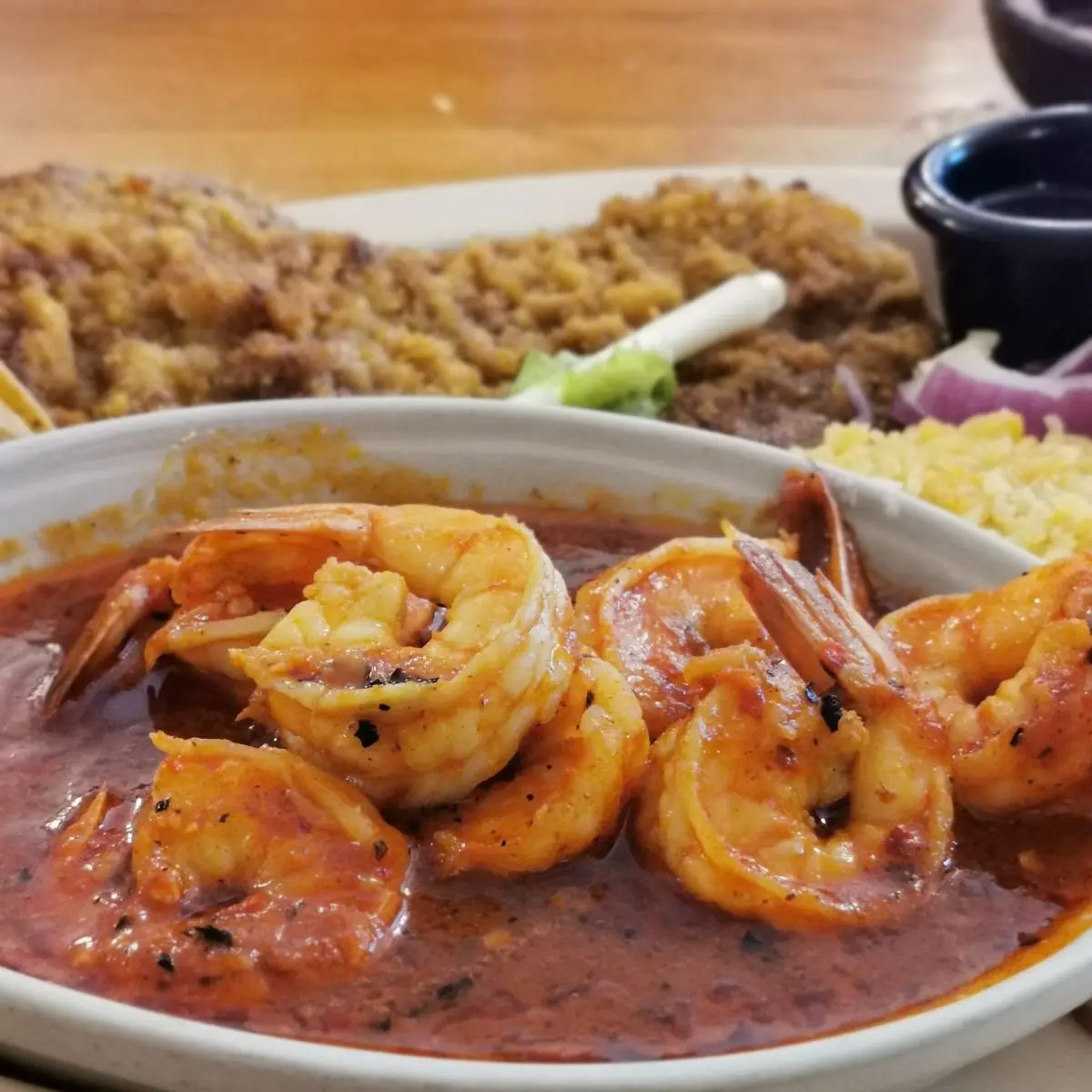 Combination Platter Shrimp Breaded Beef Beans and Salad