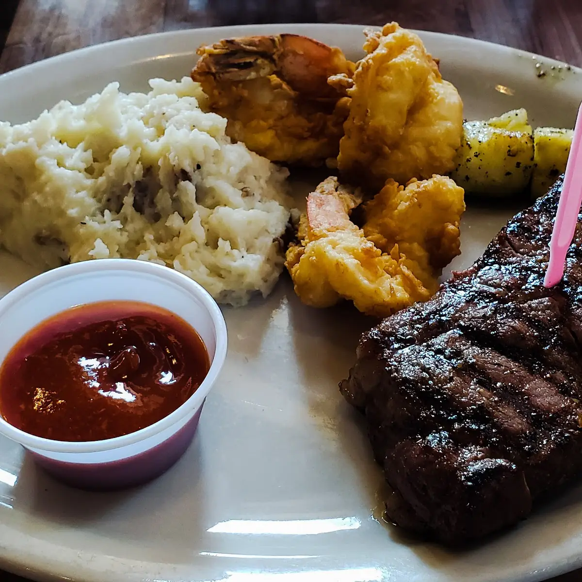 Steak and Shrimp Dinner with Mashed Potatoes