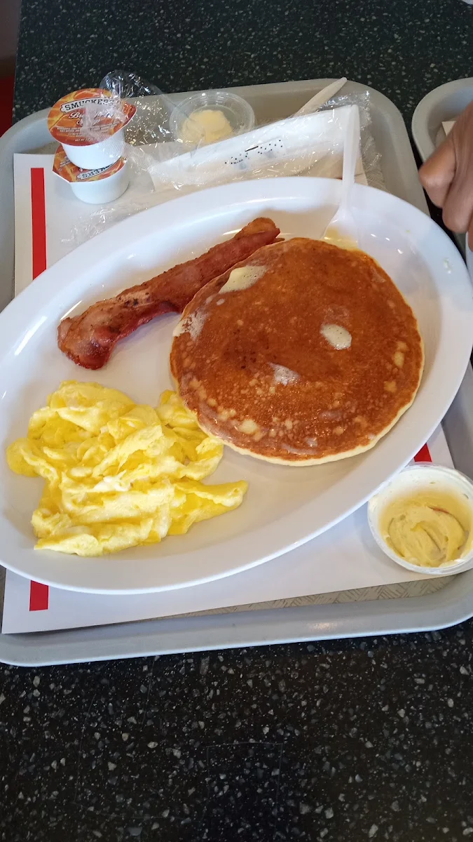 Pancakes Eggs Scrambled Soft with Bacon
