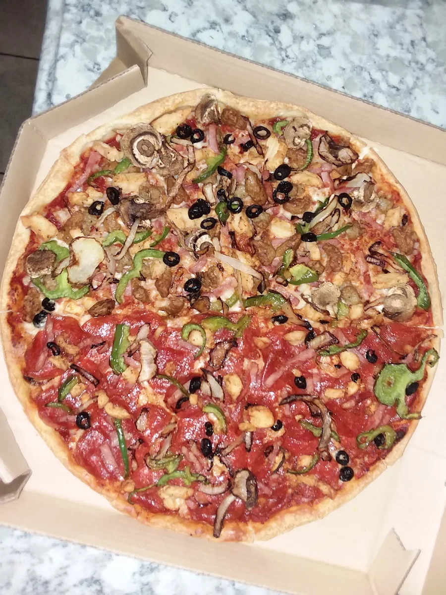 Large Half and Half Thin Crust Heavy Pepperoni One More Sausage Other Half Supreme Pizza