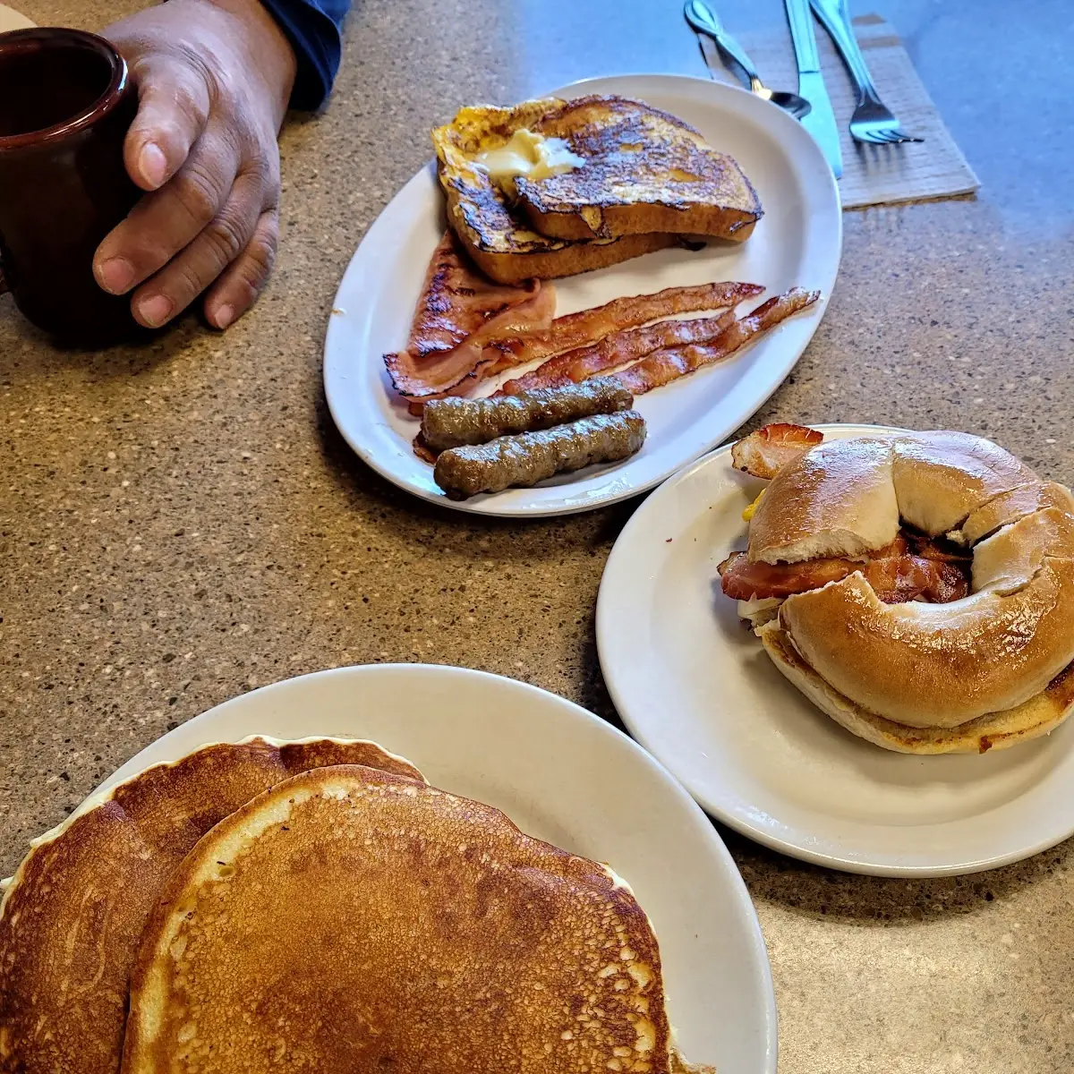 Pancakes and a Bagel with Bacon Egg and Cheese