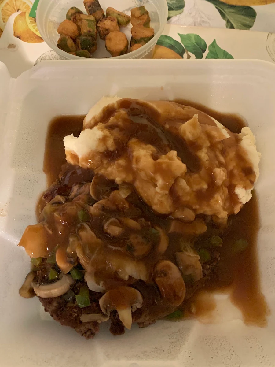 Hamburger Steak with Mashed Potatoes Fried Okra