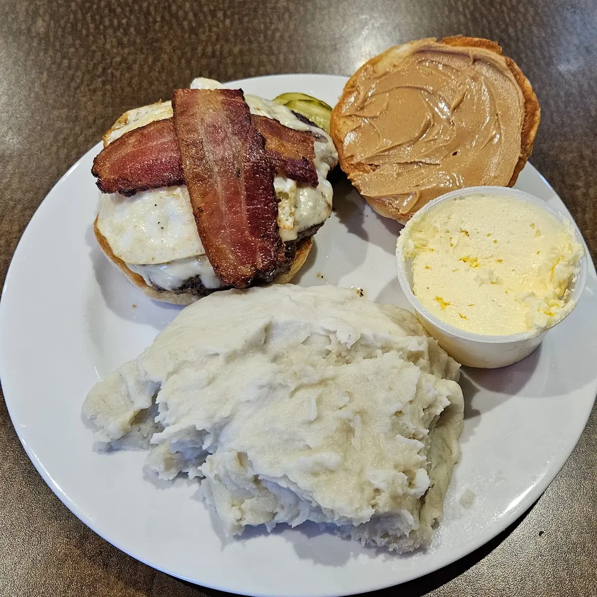 Bacon Egg Burger w Peanut Butter and Mashed Potatoes and Kitchen Butter