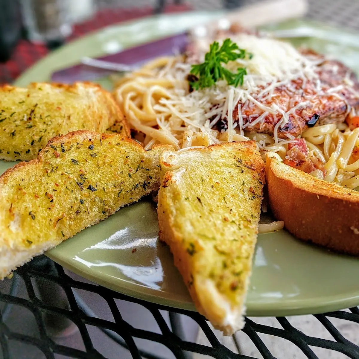 Grilled Chicken over Pasta with Garlic Bread
