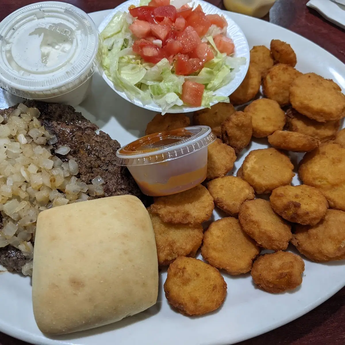 Hamburger Steak with Fried Squash and Side Salad