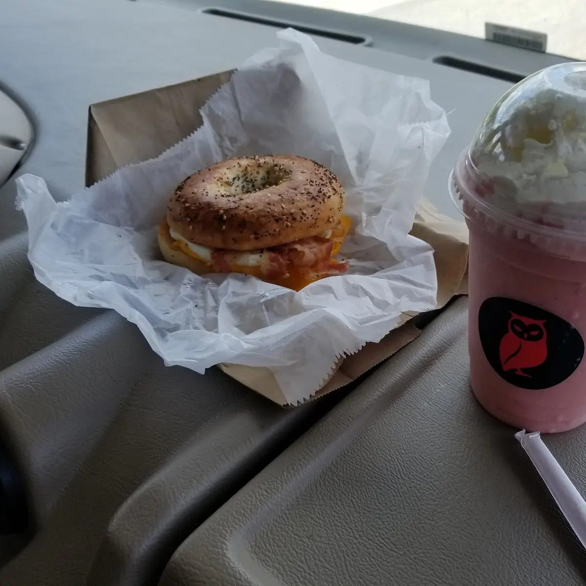 Everything Bagel with Bacon Egg and Cheese Strawberry Smoothie