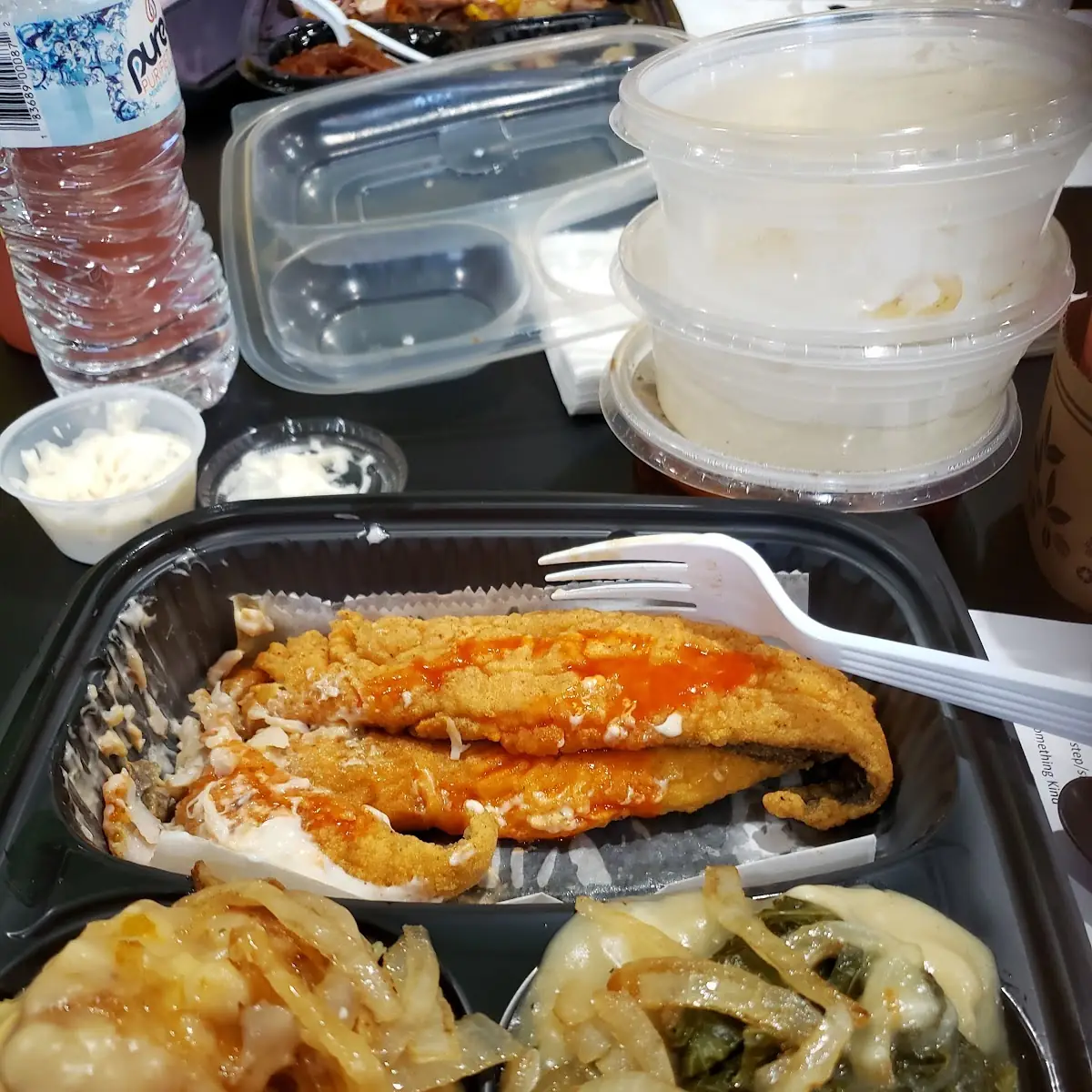 Fried Whiting Platter with Mac and Cheese Collard Greens Smothered with Gravy and Sauteed Onions