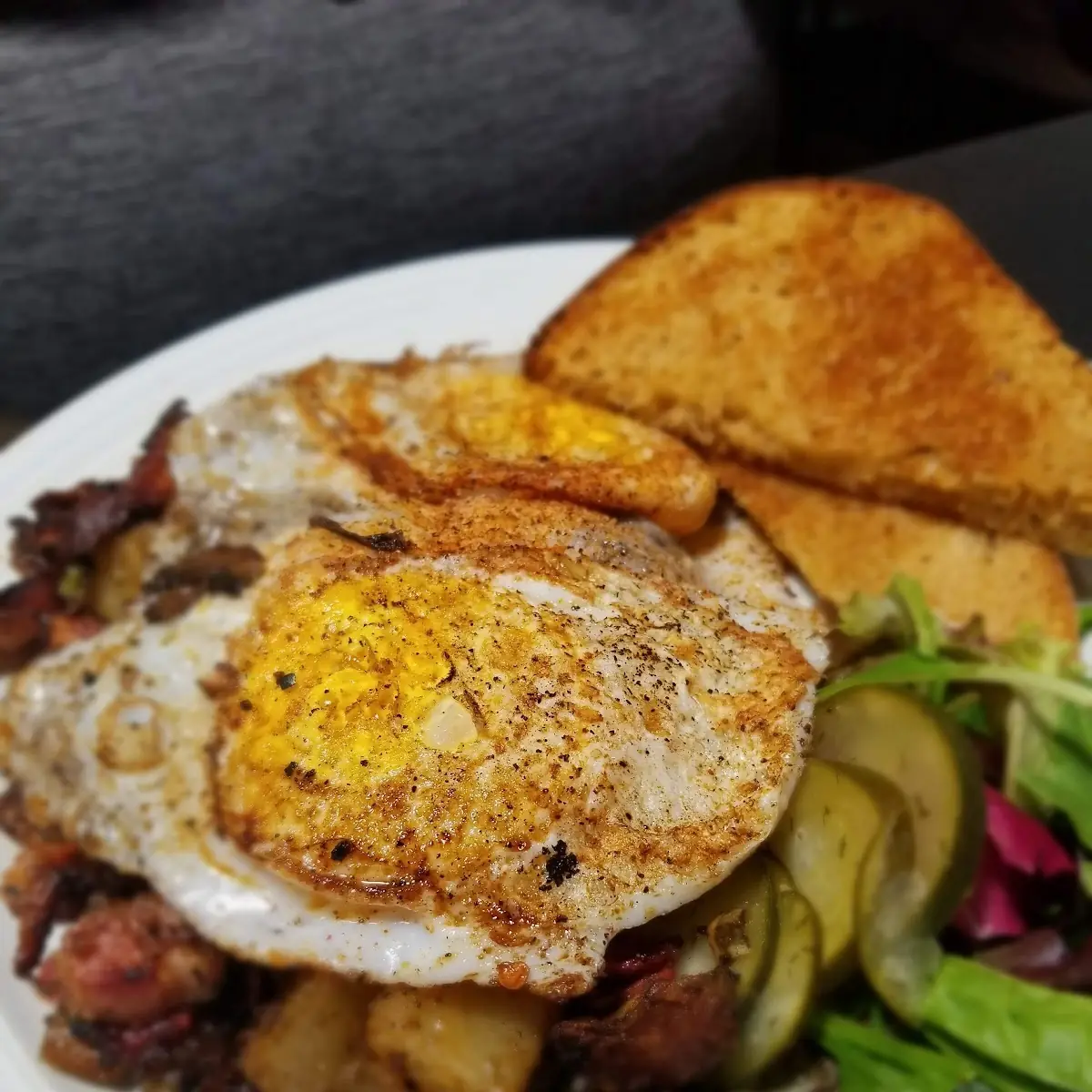 Pork Belly and Corned Beef Hash with Eggs and Toast