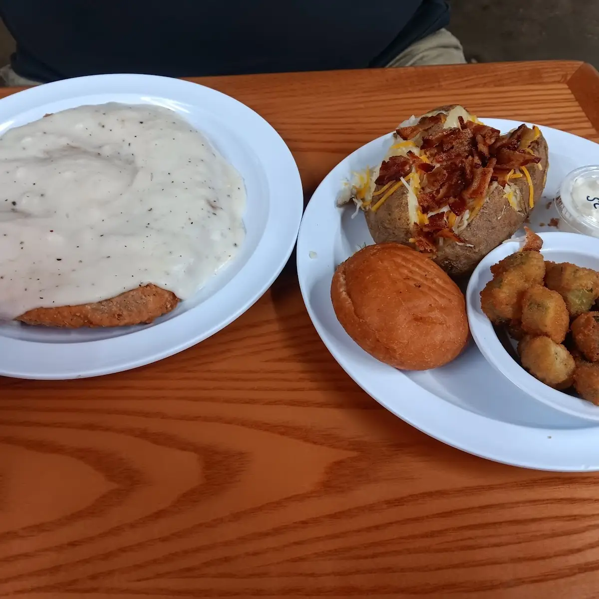 Chicken Fried Monster Loaded Baked Potato Fried Okra and Roll