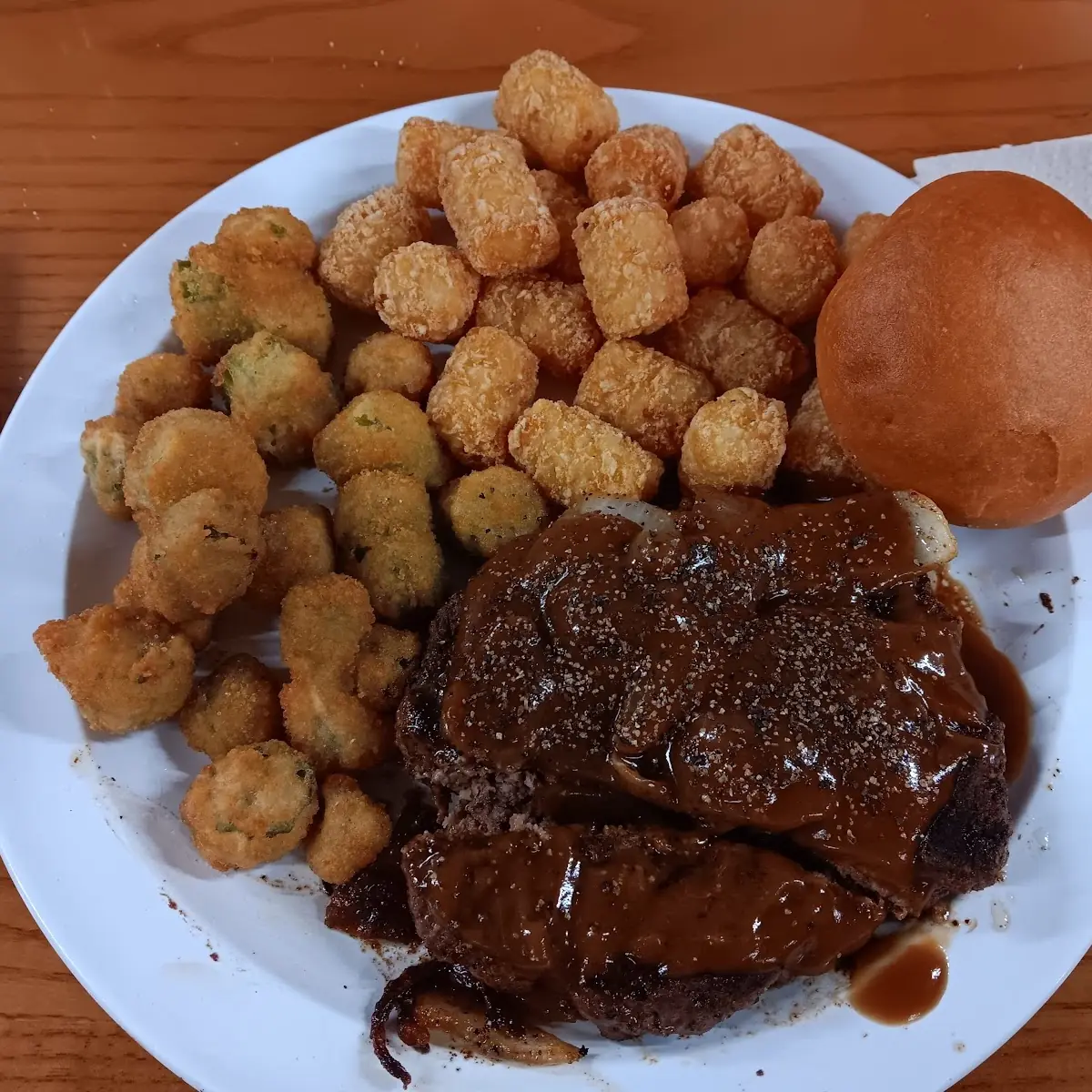 Hamburger Steak with Fried Okra Tater Tots and Roll