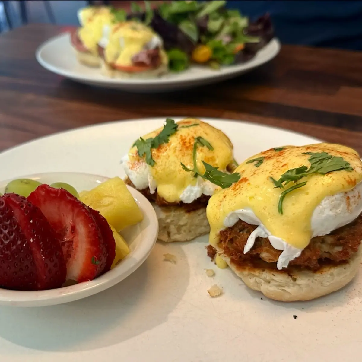 Crab Cake Eggs Benedict with Fresh Fruit