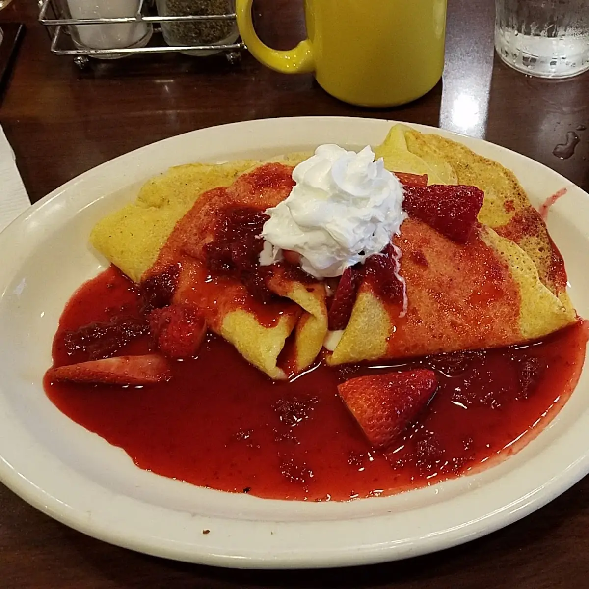 Strawberry Crepes with Hash Browns and Sausage Links