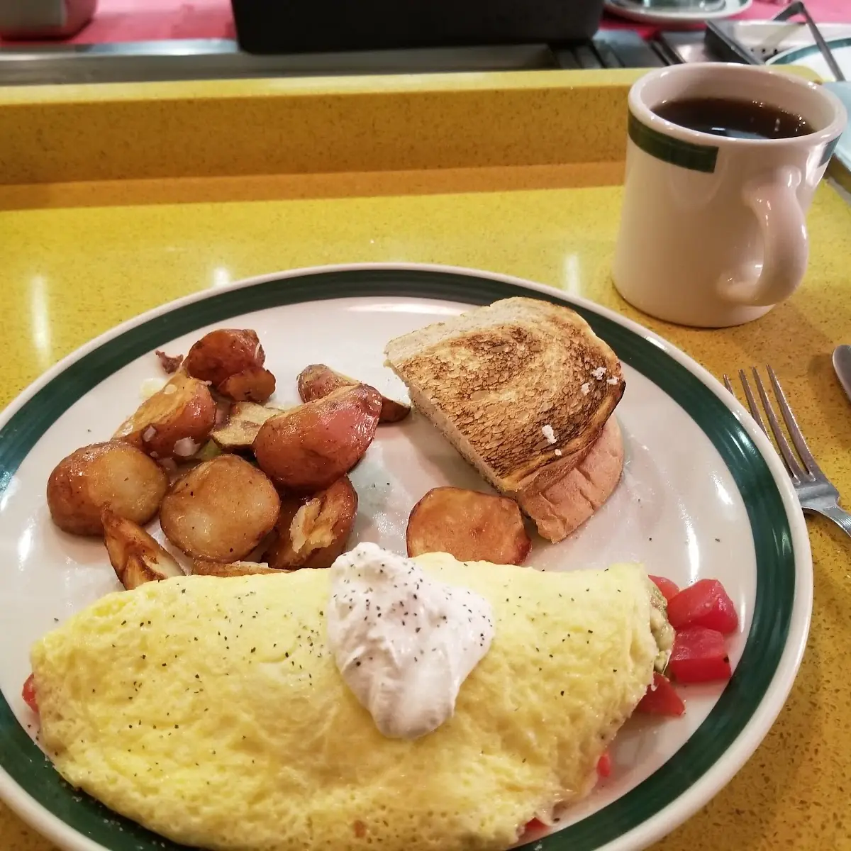 Bacon and Cheese Omelette with Potatoes and Biscuit