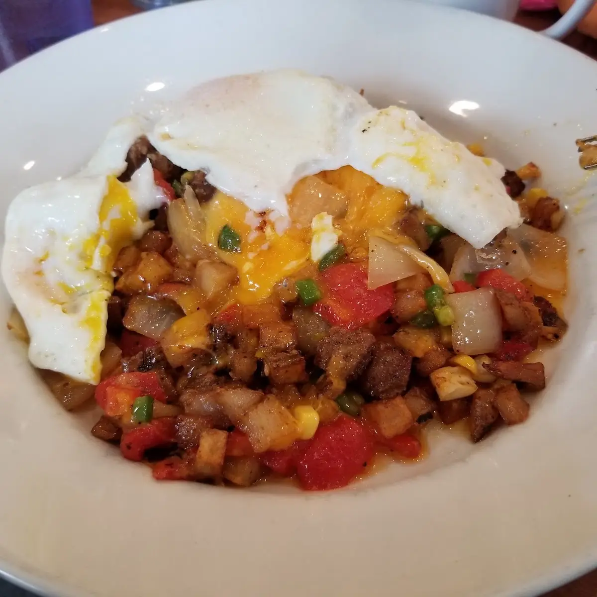 Pork Belly Hash with Eggs over Easy