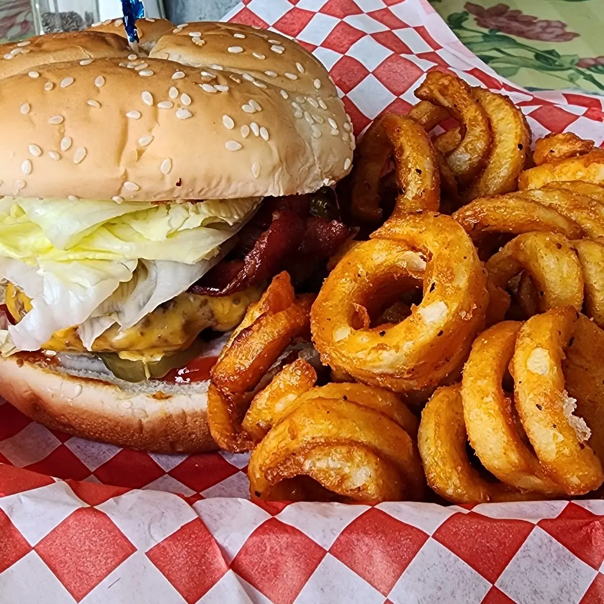 Bacon Cheese Burger and Curly Fries
