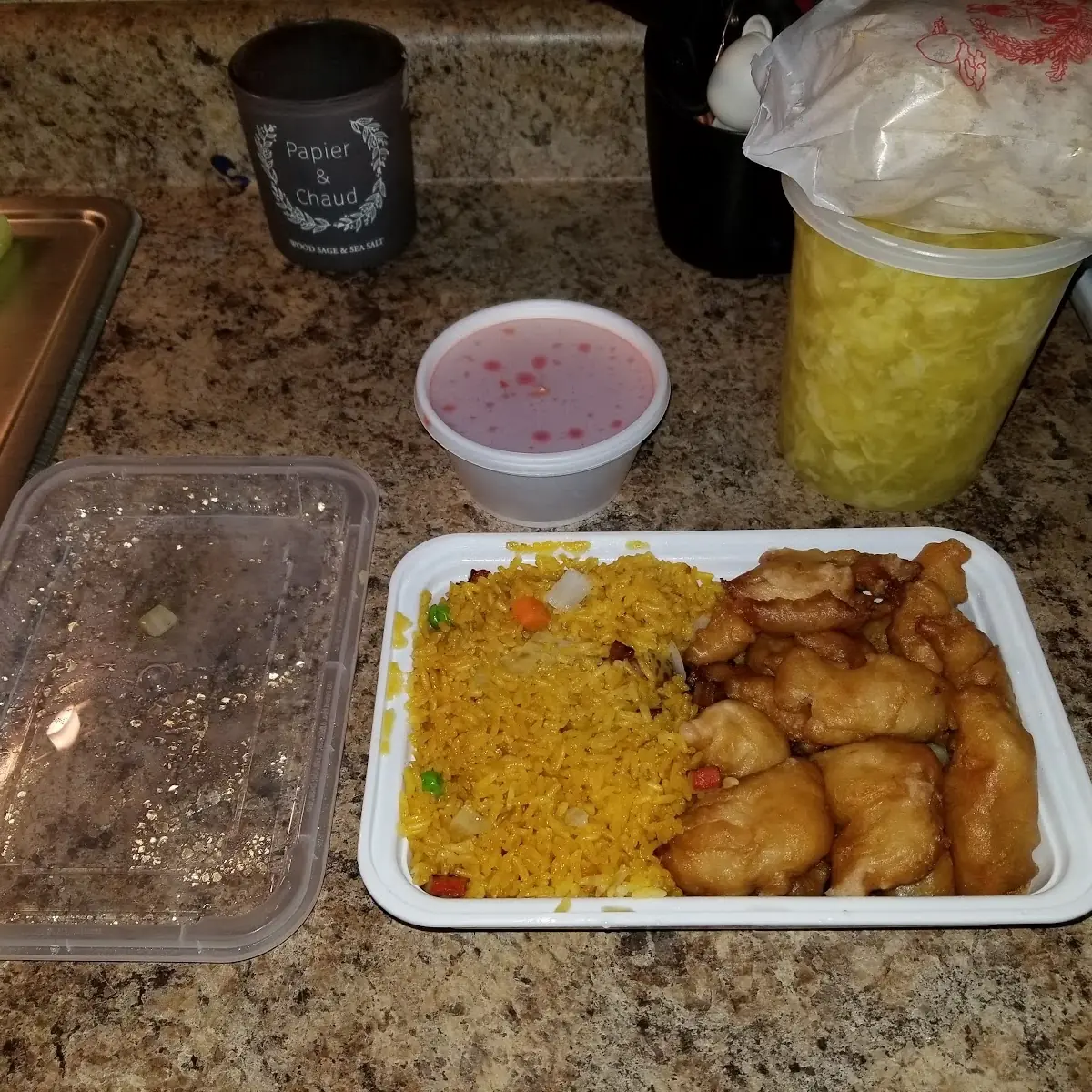 Sweet & Sour Chicken with Egg Drop Soup Egg Roll & Fried Rice