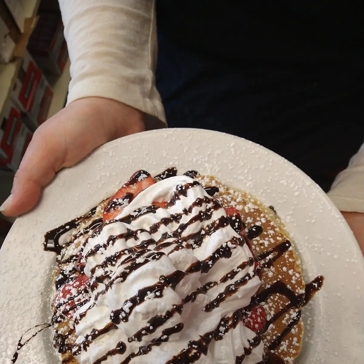 Strawberry Topping and Chocolate Chip Pancakes