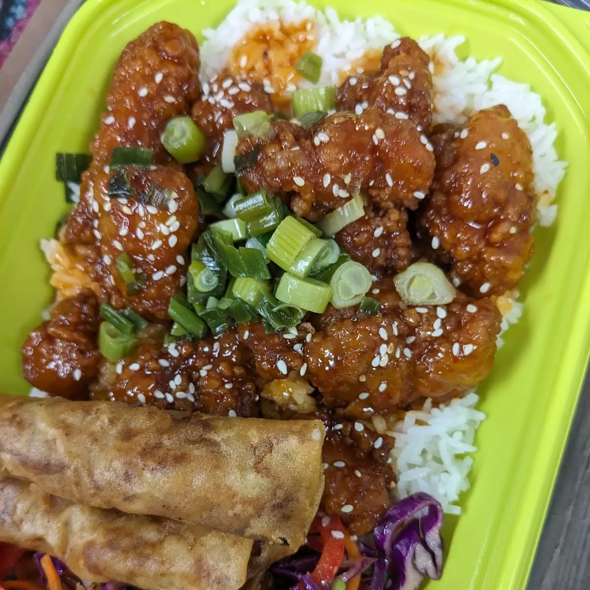 Crispy Mala Orange Chicken Rice Bowl