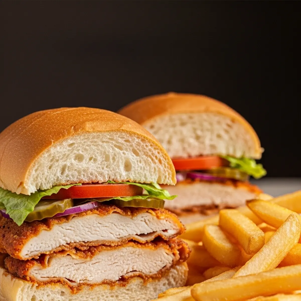 Chicken Sandwich with Lettuce Tomato Onion & Fries