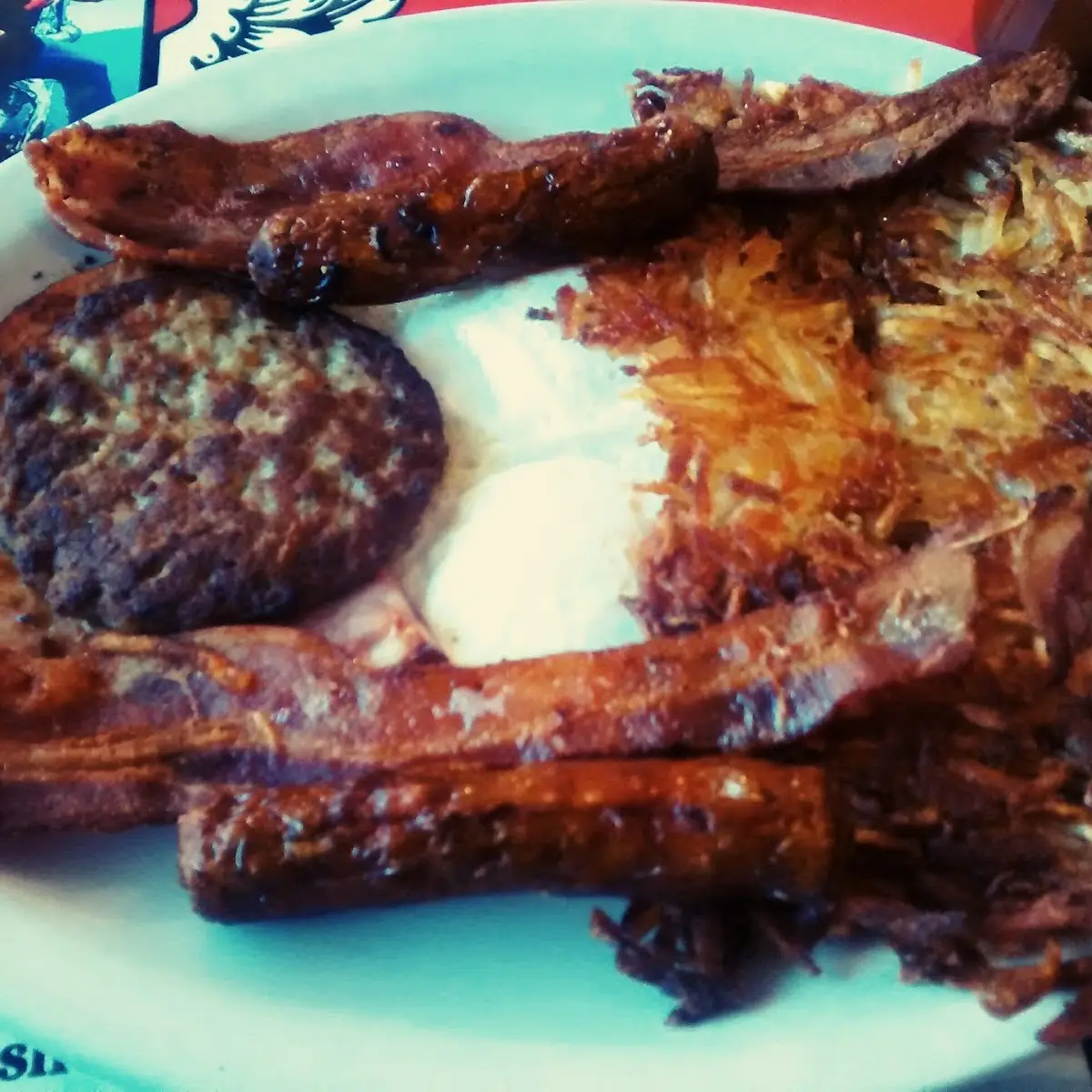 Bacon Sausage Hash Browns and Eggs