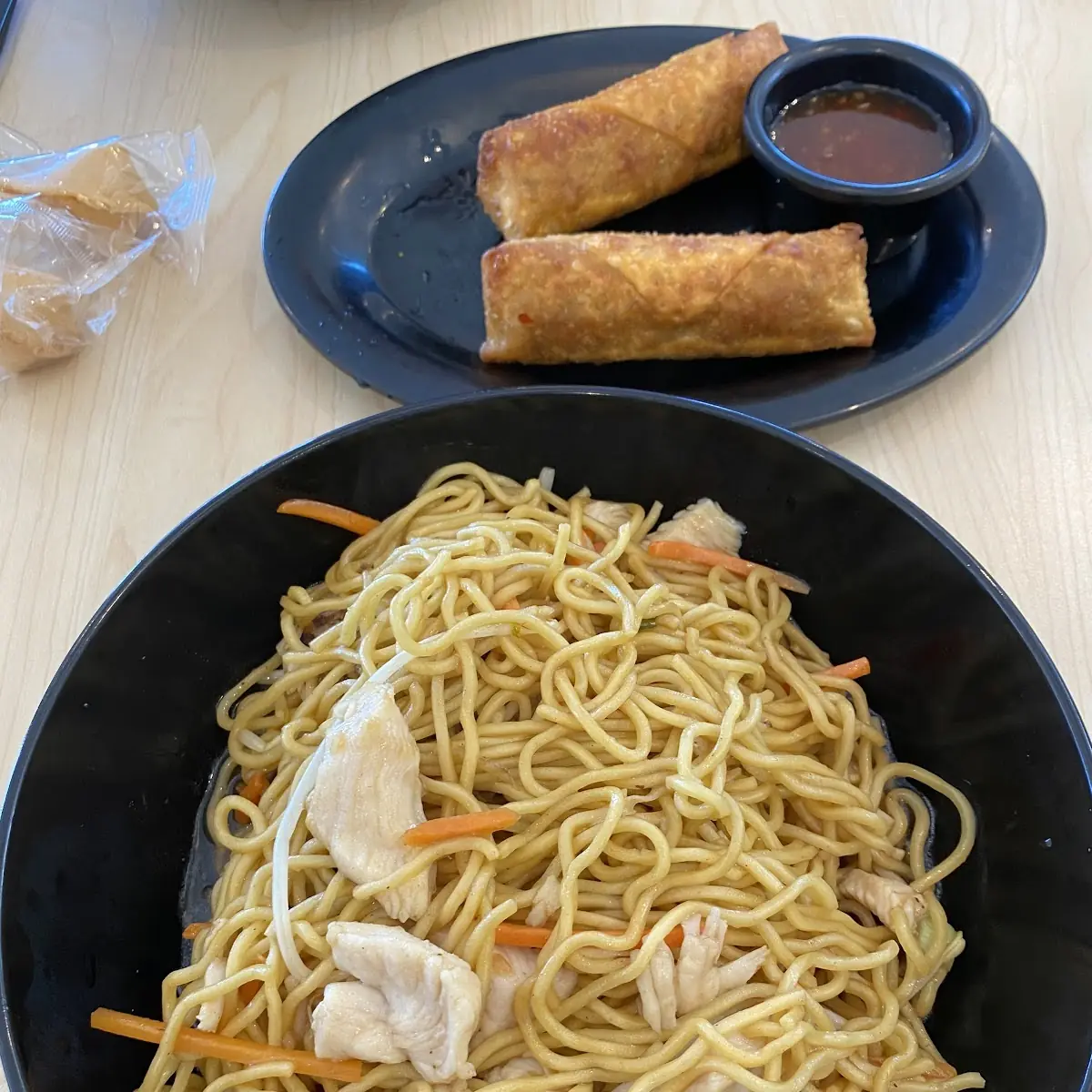 Chicken Lo Mein and Pork Egg Rolls