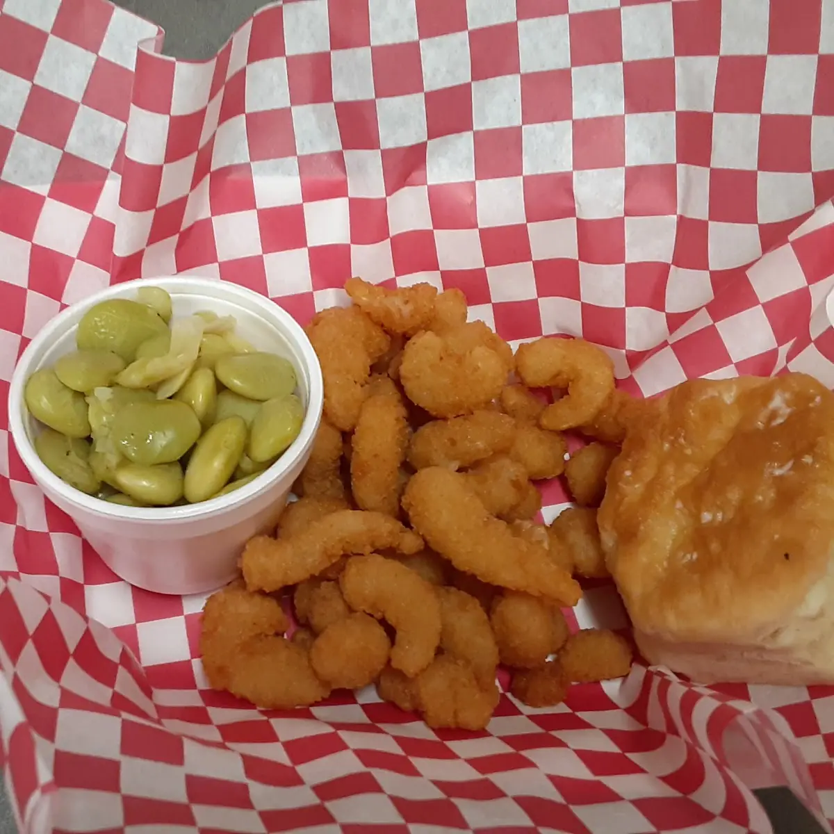 Popcorn Shrimp Lima Beans Biscuit