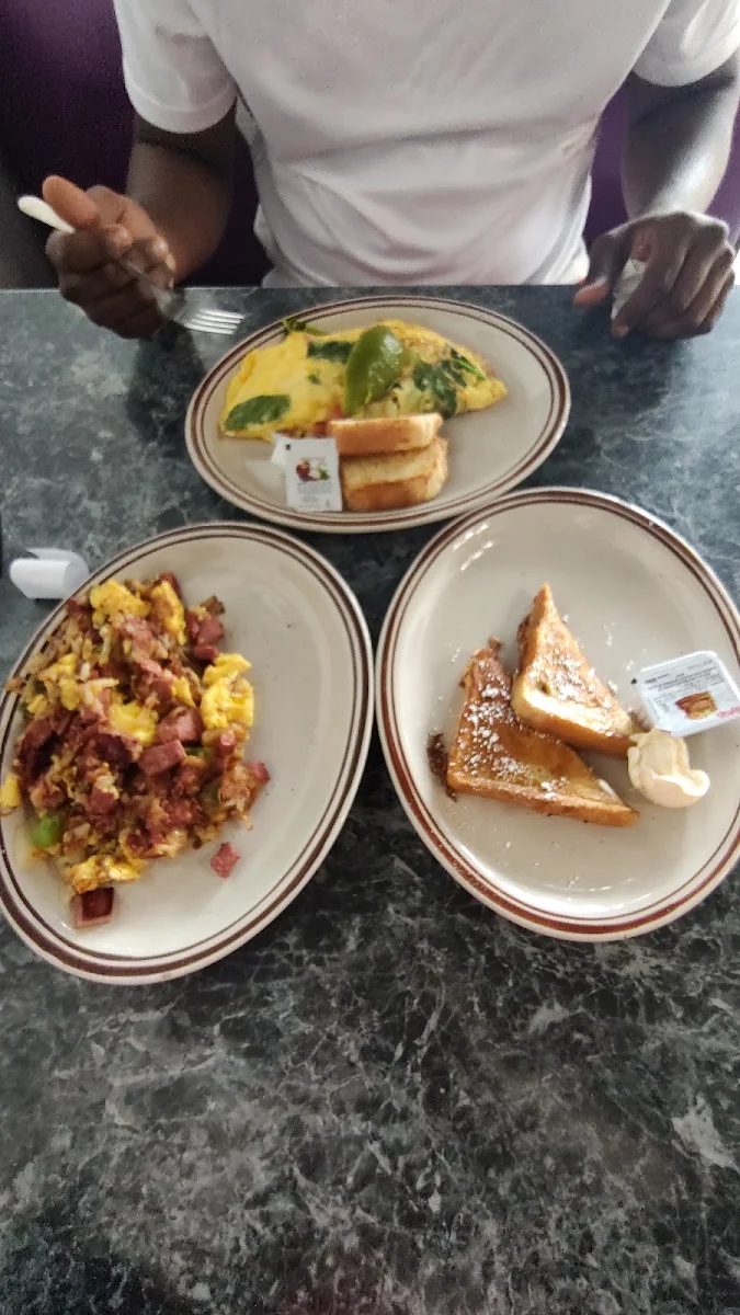 French Toast Corned Beef Hash Veggie Omelet