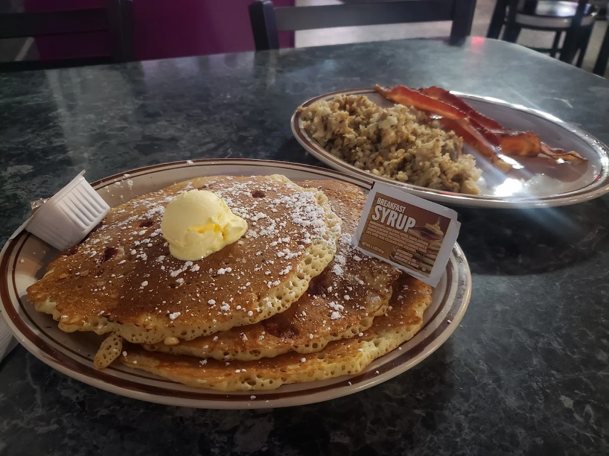 Strawberry Pancakes Hash Browns and Bacon