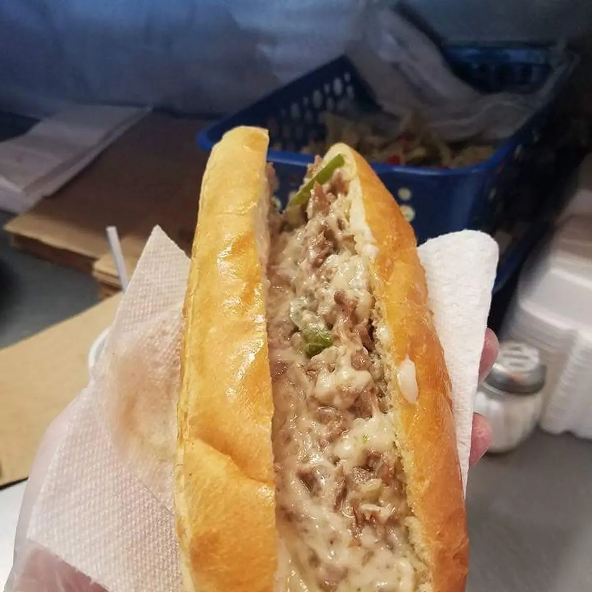Philly Cheesesteak on Sub Roll with Mayo Bell Peppers Onions Swiss & Provolone Cheeses