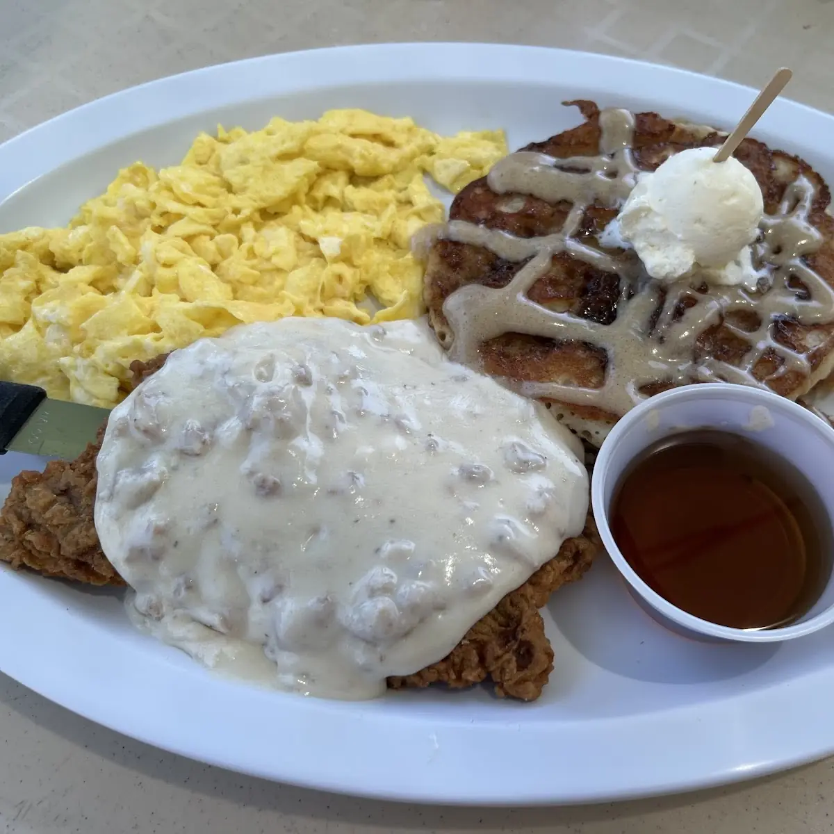 Cinnamon Roll Pancakes and Scrambled Eggs