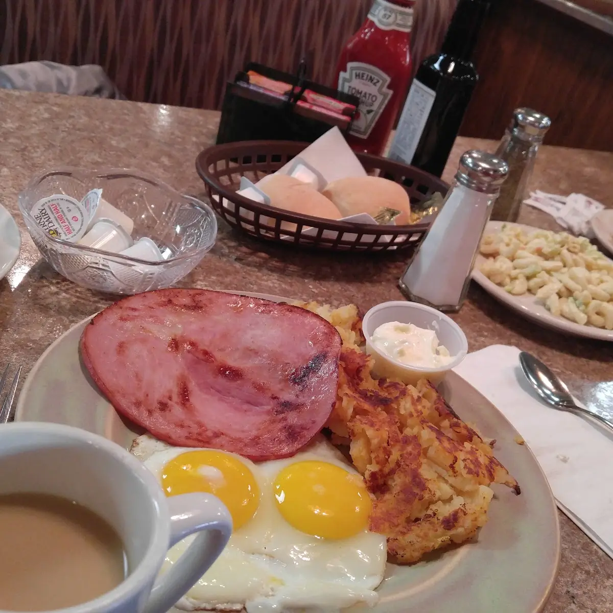 Ham Eggs Hash Browns Mac Salad